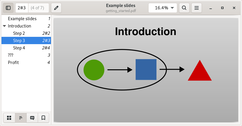 A Slidie PDF in a PDF viewer showing a rich table of contents and custom page numbering.