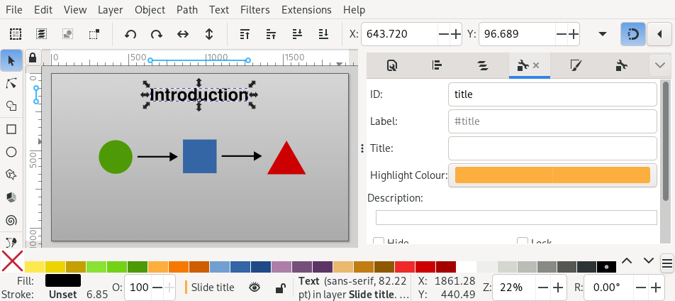 A text element with an XML ID set to 'title' in Inkscape.