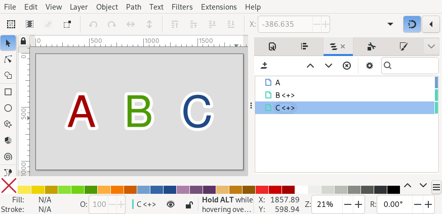 An Inkscape SVG with layers named 'A', 'B <+>' and 'C <+>'.