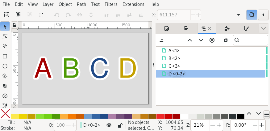 An Inkscape SVG with layers named 'A <1>', 'B <2>', 'C <3>' and 'D <0-2>'.