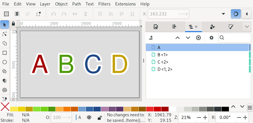 An Inkscape SVG with layers named 'A', 'B <1>', 'C <2>' and 'D <1, 2>'.